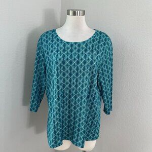 LL Bean Womens Plus 1X Blue Diamond Pattern Supima Cotton Top 3/4 Sleeve Peru